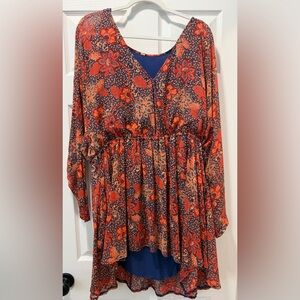 Free People Orange Navy Floral Babydoll Dress